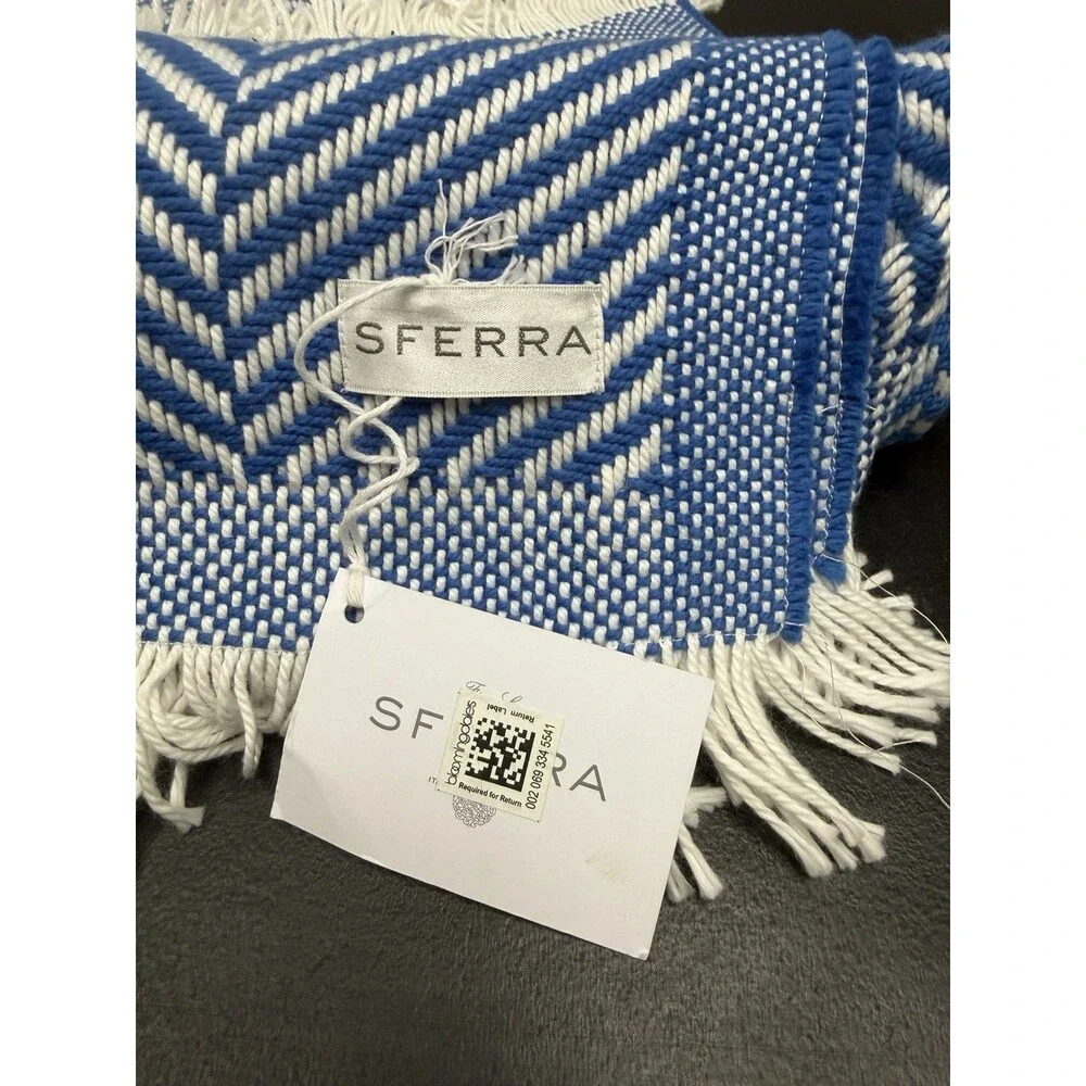Sferra Costa Cotton Throw Blanket Ocean Blue Herringbone Weave Fringed 50x70 New